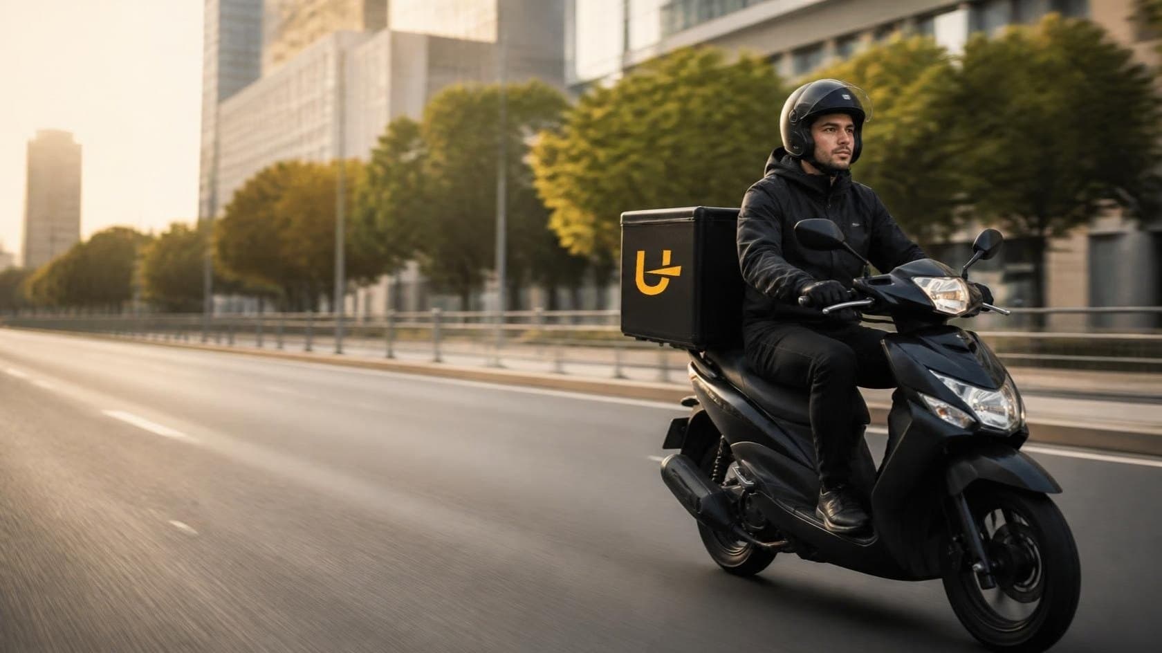 Livreur UDelivery en scooter sur une avenue en ville
