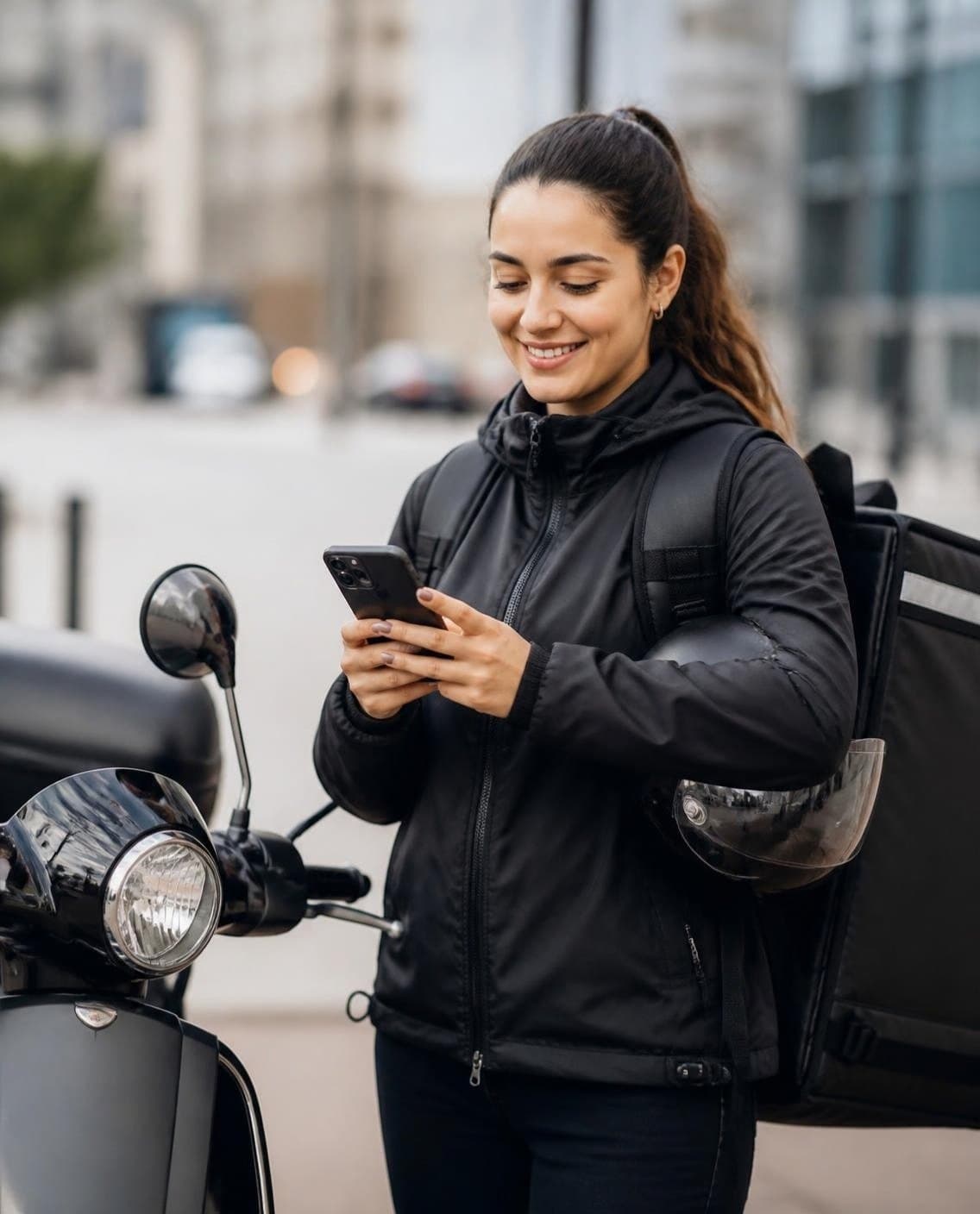 Livreuse UDelivery qui finalise son inscription sur son téléphone, à côté de son scooter