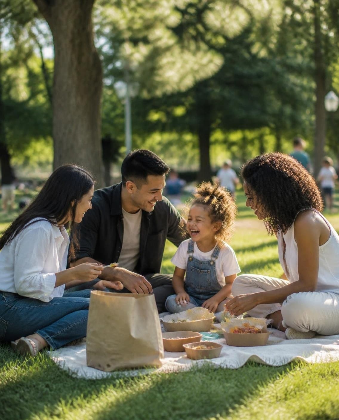 Famille en pique-nique au parc avec un sac de livraison