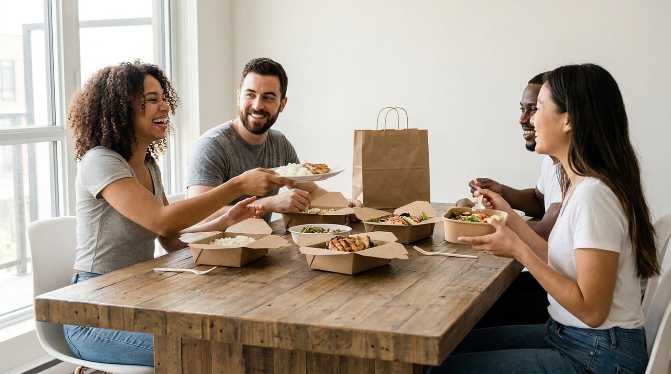 Amis réunis autour d’une table, partageant un repas livré